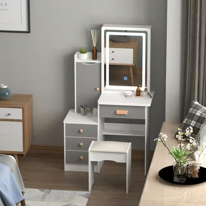 White Wood Dresser with LED Light Mirror Makeup Vanity Sets Dressing Table with Stool, 4-Drawers and Storage Shelves