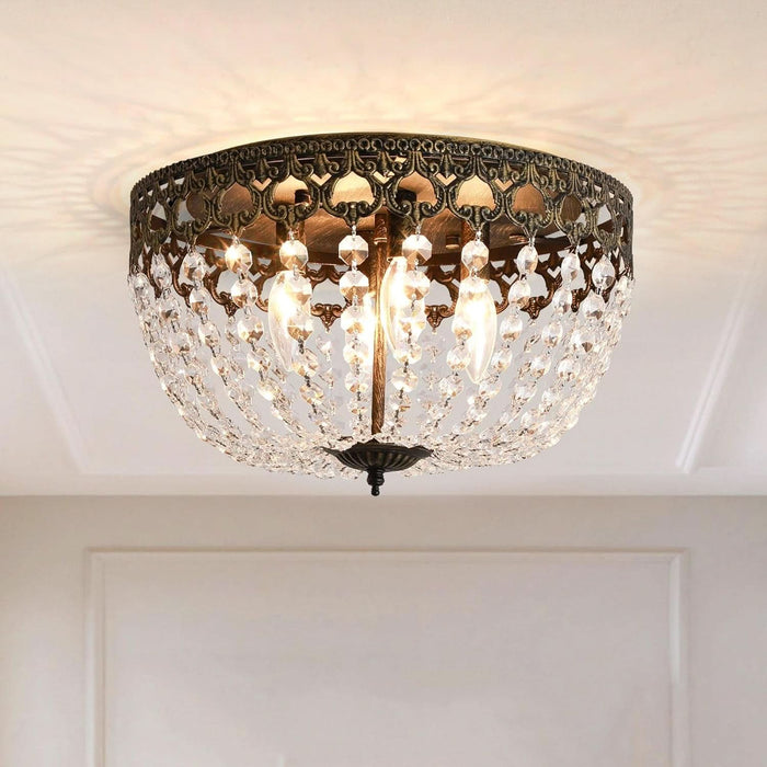 15" Vintage Ceiling Light, 4-Lights Bronze Crystal Flush Mount Chandelier Light Fixture, Antique Ceiling Lamp for Living Room Bedroom Dining Room Kitchen Hallway Locker Room