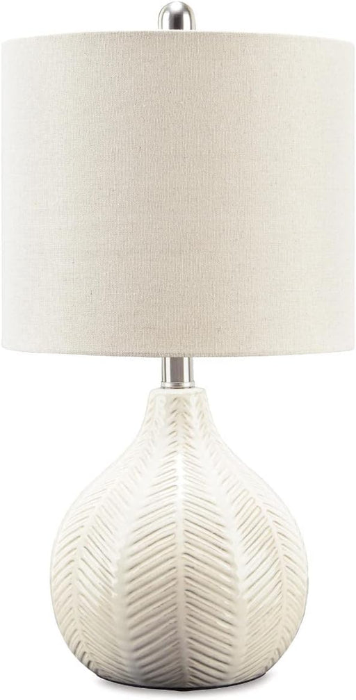 Signature Design by Ashley Rainermen Casual Ceramic Table Lamp, Transparent White Glaze Finish, Drum Hardback Fabric Shade, 11" W X 11" D X 21" H, off White