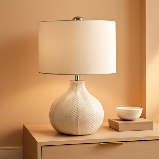 Signature Design by Ashley Rainermen Casual Ceramic Table Lamp, Transparent White Glaze Finish, Drum Hardback Fabric Shade, 11" W X 11" D X 21" H, off White