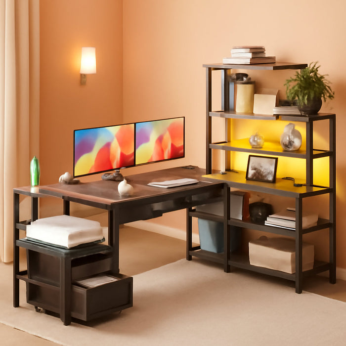 79 Inch L Shaped Desk with File Drawers, Reversible L Shaped Gaming Desk with Power Outlets & LED Lights, Computer Desk with Storage Shelves for Home Office, Grey Oak