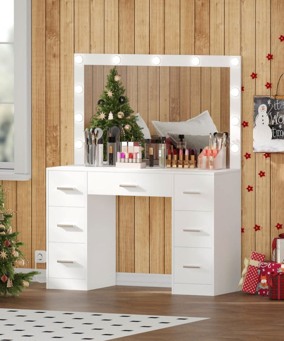 Vanity Table, Makeup Desk with Lighted Mirror, Dressing Desk with Drawers and Adjustable Brightness, 3 Color Lighting Modes, Vanity Desk for Women(White)