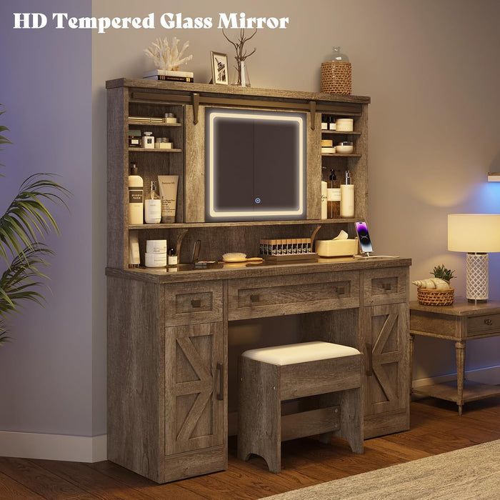 47.2" Farmhouse Vanity Desk with Mirror and Lights, Rustic Makeup Vanity Table with Charging Station, Vanity Set with Stool & Storage, LED Sliding Mirror & Glass Top, Dark Oak Finish