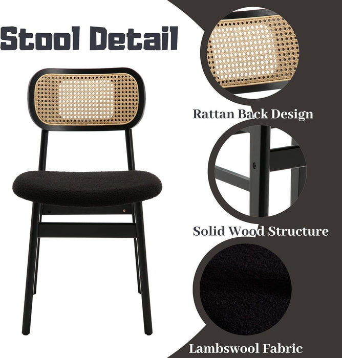 Black Rattan Dining Chairs Set of 4 Lambswool Dining Room Chairs Natural Wooden Kitchen Chairs Farmhouse Boho