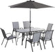 8 Pieces Patio Furniture Set with 9Ft Patio Umbrella, Outdoor Dining Table and Chairs, 6 Chairs, Push Button Tilt and Crank Parasol, Tempered Glass Top, Gray