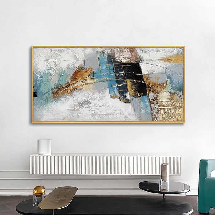Large 100% Handmade Abstract Oil Painting with Frame Modern Original Hand Painted Heavy Textured Wall Painting Blue Gold Grey Canvas Wall Art Wall Decor for Living Room Bedroom Office Hang 60X30 Inch