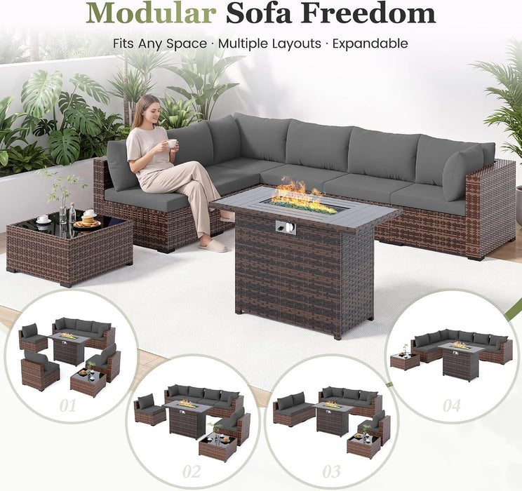 Patio Furniture Set with Fire Pit Table 8 Pcs Modular Dark Grey