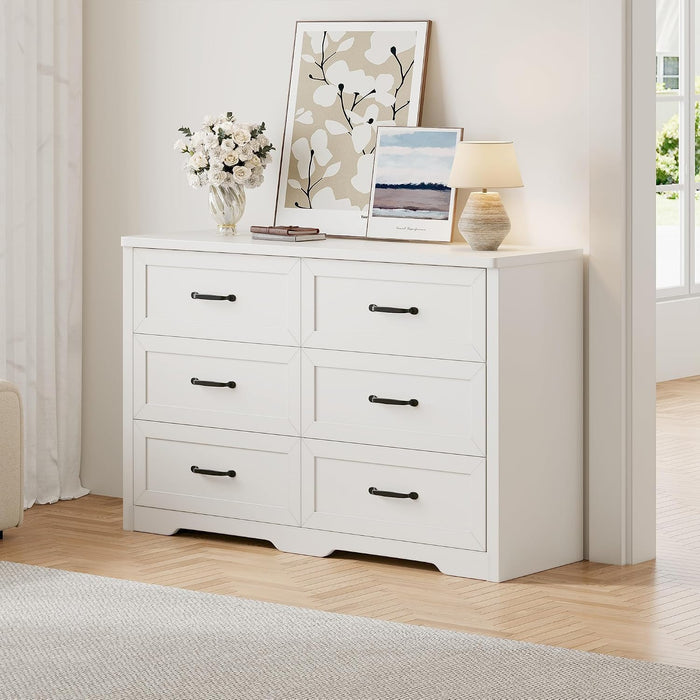 Farmhouse 6 Drawer Dresser for Bedroom, 47" W Modern Chest of Drawers with Metal Handles, Wood Dresser TV Stand, Dresser Drawer Organizer for Closet, Living Room,Hallway,White
