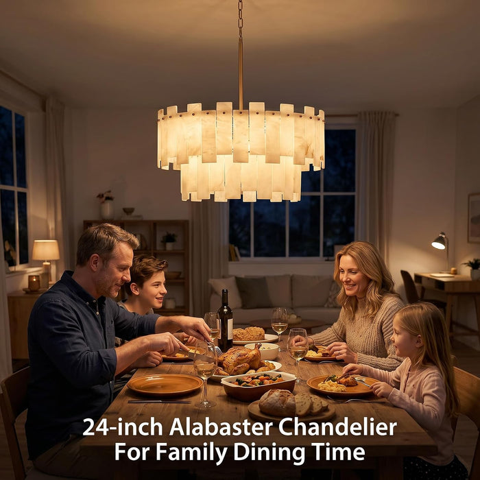 Alabaster Chandelier, 24" Spanish Alabaster round Chandeliers 2-Tier,Modern Adjustable Gold Marble Pendant Chandeliers for Dining Room, Living Room, Bedroom,Foyer,Bathroom, Included E12 Bulb