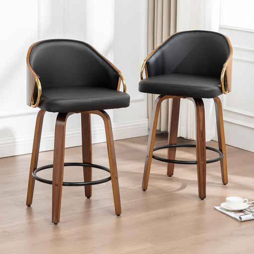 26" Swivel Counter Height Barstools Set of 2, Black Leather Bar Stools Mid Century Modern Bar Chairs with Wood Legs and Golden Arms for Kitchen Dining Pub Cafe