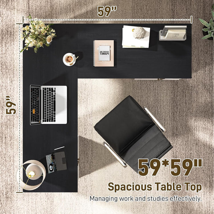 Farmhouse L Shaped Executive Desk with 6 Drawers, 69’’ Wood Home Office Desk with File Cabinet, Writing Corner Computer Desk for Home Office, Work, Study, White and Black