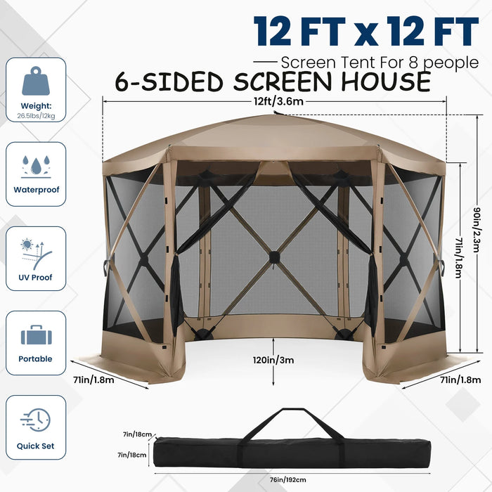 12'X12' Pop-Up Gazebo Outdoor Camping Tent with 6 Sides Mosquito Netting, Waterproof, UV Resistant, Portable Screen House Room, Easy Set-Up Party Tent with Carry Bag, Ground Spike, Khaki