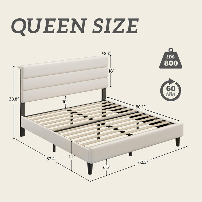 Queen Bed Frame, Platform Bed Frame with Velvet Upholstered Headboard, No Box Spring Needed, Sturdy Metal Support, Noise Free, Easy Assembly, Modern Bedroom Furniture, Beige