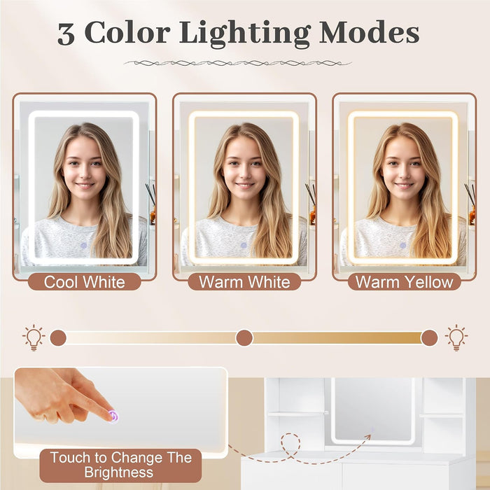 Makeup Vanity with Mirror and Lights, Vanity Desk with 3 Color Modes and Adjustable Light Brightness, Makeup Table with Storage Drawer, Open Shelves, and Side Storage (White, No Bench)
