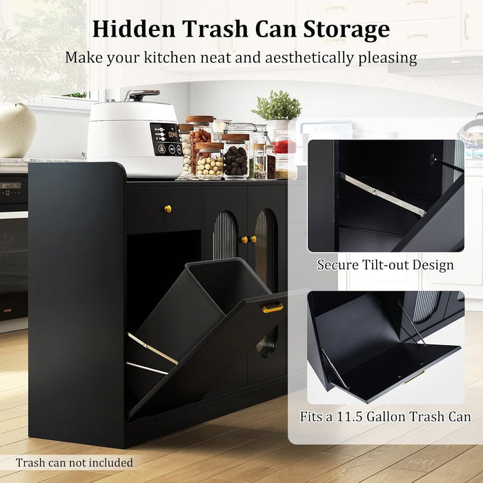 55" Farmhouse Buffet Cabinet, Large Credenza W/Hidden Tilt Out Trash Can, 2 Glass Doors, 2 Drawers & Adjustable Shelves, Modern Sideboard Coffee Bar Cabinet for Kitchen (Black)