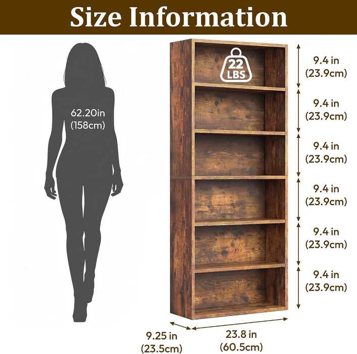 6 Tier Bookshelf, Tall Display Storage Shelves Floor Wood Shelves, Brown | Floor Standing 6 Tiers Display Storage Shelves 63 in Tall Bookcase Home Decor Furniture for Home Office, Living Room, Bedroom