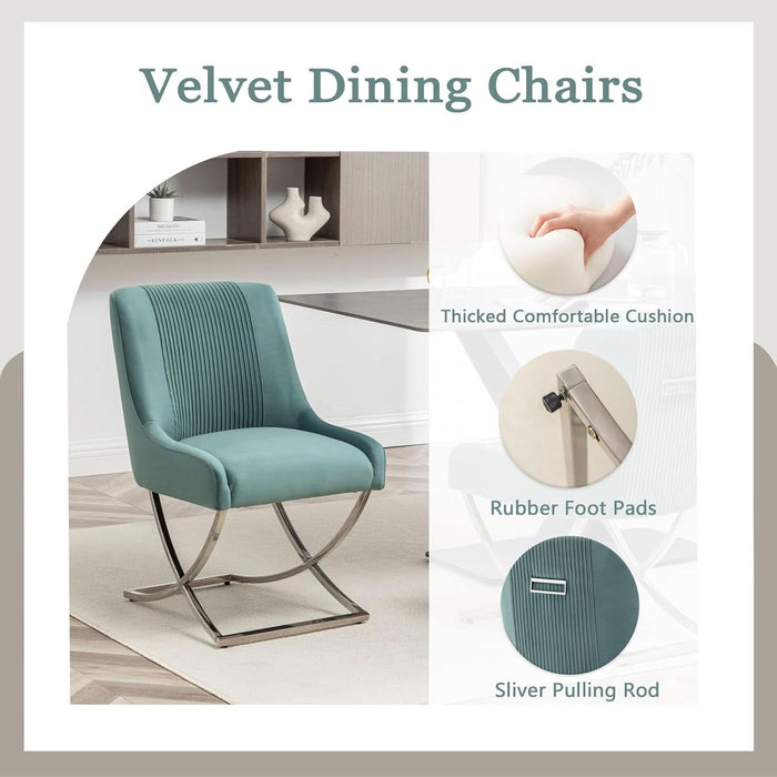 Kitchen Dining Chairs Set of 2,Accent Modern Upholstered Velevt,Contemporary Tufted Metal Chairs with X-Shaped Sliver Legs for Dining Room,Living Room, Reception Room(Green)
