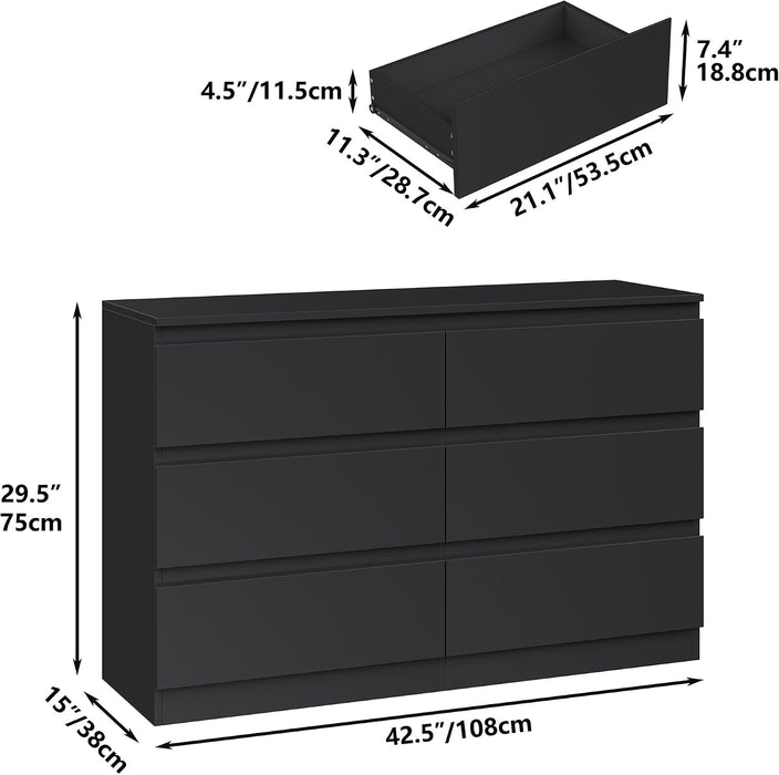 Modern 6 Large Storage Drawers Dresser for Clothes Organizer, Black Modern Chest of Drawers for Closet, 42.5" Long Drawer Organizer Cabinet for Bedroom, Living Room, Entryway, Hallway
