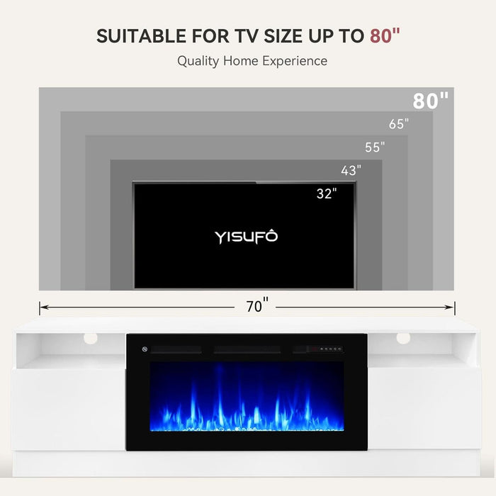 70" TV Stand with 36" Electric Fireplace, Large Modern Media Entertainment Center with Storage Cabinet and 12 Colors LED Lights for Tvs up to 80",White and Black