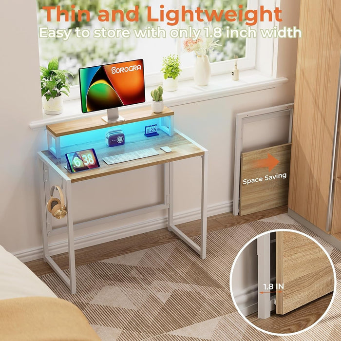 Small Folding Desk 31.5 Inch, Foldable Computer Desks with LED Lights and Monitor Stand, Work Portable Table for Bedroom Home Office, Oak