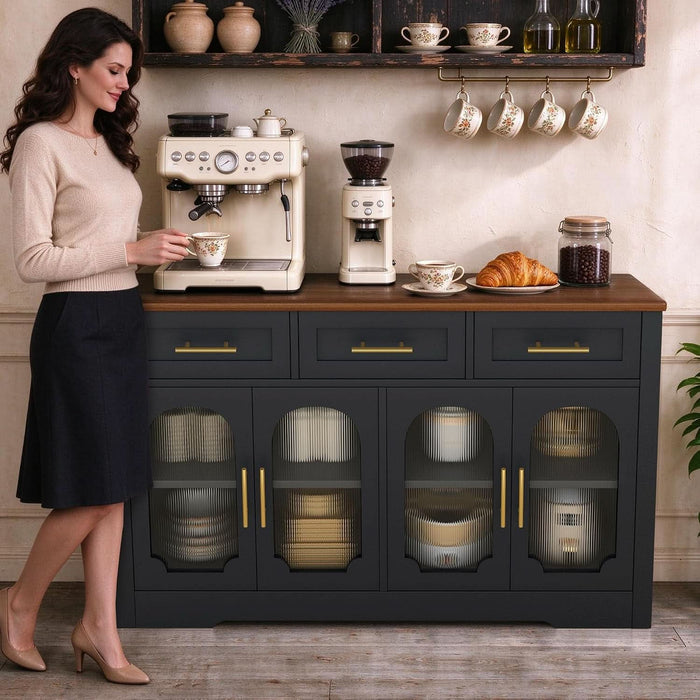 55" Sideboard Buffet Cabinet with Storage, Black Wood Coffee Bar