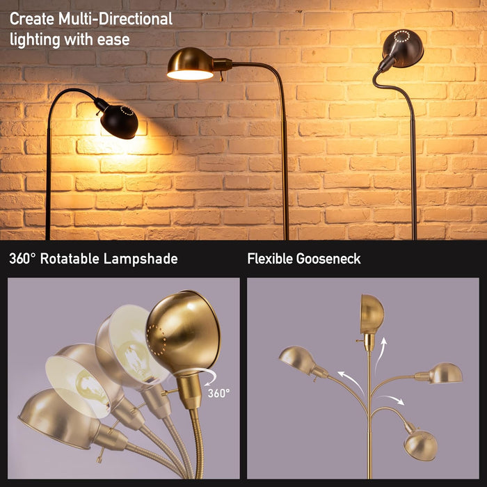 Nova - Adjustable Floor Lamp with Flexible Gooseneck and Rotatable Shade, E26 Socket, 10-Inch Base - Ideal for Reading, Bedside, Living Room, Antique Brass