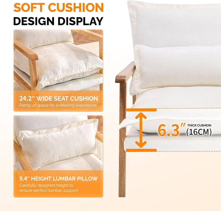 Mid-Century Modern Cloud Accent Armchairs Set of 2 with Lumbar Pillow, 6.3'' Thick Seat Cushion Reading Chairs with Wooden Armrests, Boho Lounge Chair for Bedroom, Living Room, Chenille, Beige
