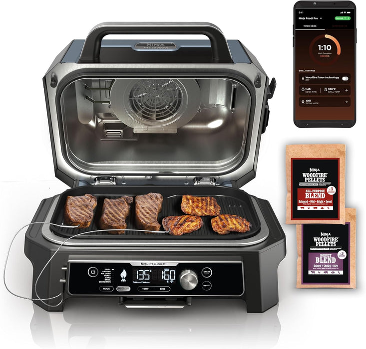 OG951 Woodfire Pro Connect Premium XL Outdoor Grill & Smoker, Bluetooth, App Enabled, 7-In-1 Master Grill, BBQ Smoker, Outdoor Air Fryer, Woodfire Technology, 2 Built-In Thermometers, Black