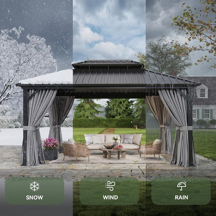 12Ft X 16Ft Hardtop Gazebo, Aluminum Metal Outdoor Gazebo with Breathable Netting and Curtains, Galvanized Steel Double Top, Permanent Patio Pavilion for Backyard, Wedding, Party