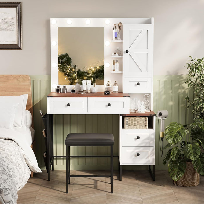Farmhouse Makeup Vanity Desk With Illuminated Mirror