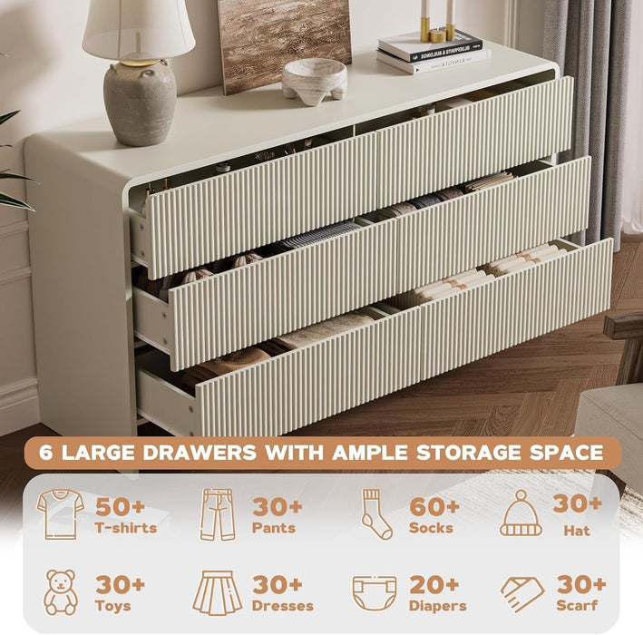 55" Wide Modern Curved 6 Drawer Dresser，Beige