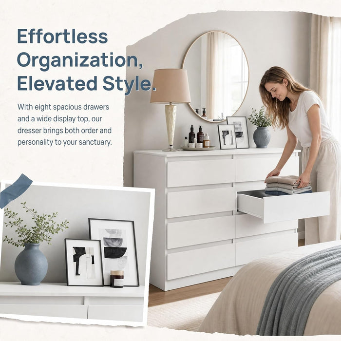 White 8 Drawer Dresser for Bedroom,Modern Deep Drawer Dresser,Wide Storage Chest of Drawer for Closet,Wood Storage Organizer Furniture for Living Room