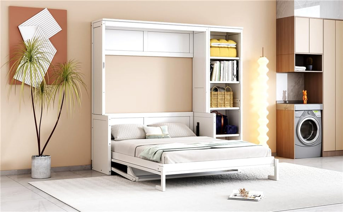 Murphy Bed Chest Full Size,Hideaway Wall Bedframe with Desk and Bookshelf,Space Saving Cabinet Bed W/Shelf,Slat Support,Can Be Folded,Bedroom Furniture for Small Space,White