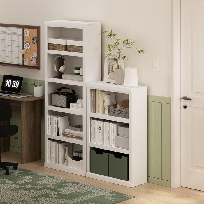 Rail 5-Tier Open Shelf Bookcase with Classic Style Edges, White