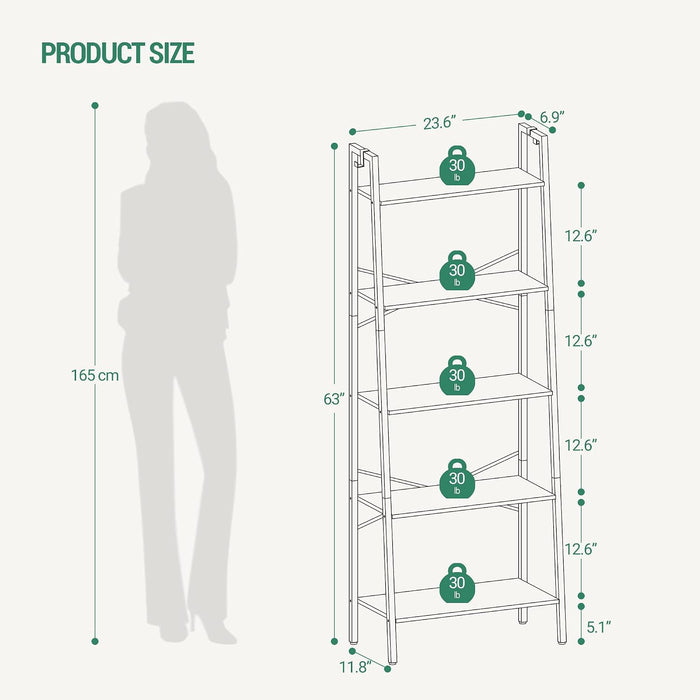Ladder Shelf, Bookshelf, Freestanding Corner Storage Shelf | Bookcase with 2 Hooks for Office, Living Room, Kitchen, Bedroom, Industrial, 11.8"D X 23.6"W X 63"H, Rustic Brown BC19301B