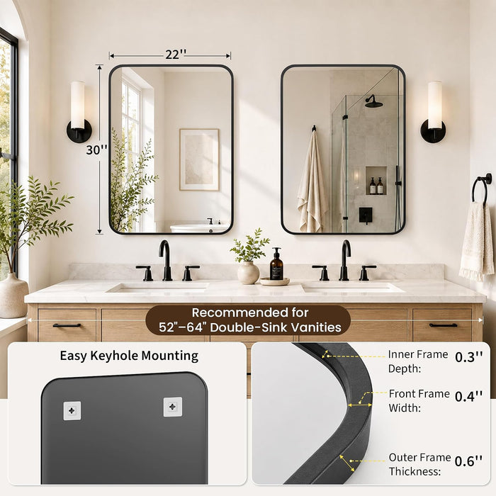 2-Pack 22X30 Inch Matte Black Rounded Rectangle Vanity Mirrors