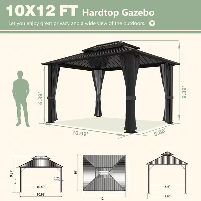 12 Ft. W X 10 Ft. L X 9.4 Ft. H Aluminum Double Hardtop Gazebo with Curtains and Netting