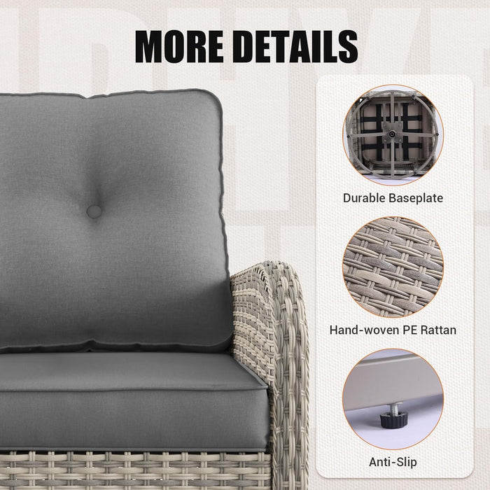 10Pcs Patio Rocking Swivel Chair with 55,000 BTU Fire Pit Table Outdoor Wicker Rattan Bistro Set with Tempered Glass Side Table, Outdoor Patio Furniture Set for Garden and Balcony, Grey