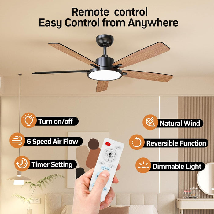 52 Inch Black Ceiling Fans with Lights Led Remote Control Flush Mount Low Profile for Bedroom Living Dining Room Outdoor Farmhouse Patio,Reversible,Dc Motor,Diammable,Buzzer On/Off,5 Blades