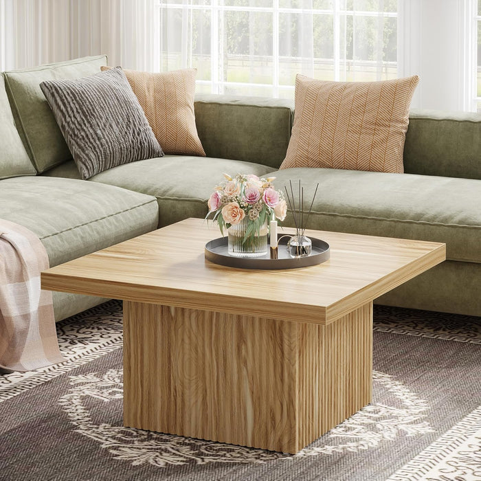 Square Coffee Table, 31.5-Inch Fluted Coffee Table, Mid-Century Modern Living Room Table, Large Cocktail Table for Living Room, Easy Assembly, Oak