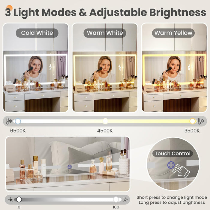 Glass Top Vanity Desk with Crystal Handles, 11 Drawers Makeup Vanity with Mirror and Stool, 3 Lighting Modes Dressing Table, Power Outlet, Silent Slides, White