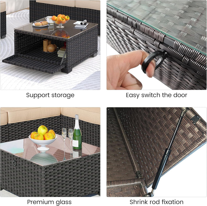 Outdoor Daybed with Canopy,6 Pieces Patio Furniture Sets Adjustable Backrest PE Gradient Wicker Sectional Furniture Set with Tempered Glass Side Table