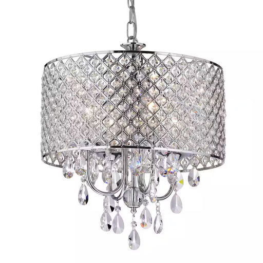 Marya 4-Light Modern Chrome round Chandelier with Beaded Drum Shade /Hanging Clear Glass Crystals