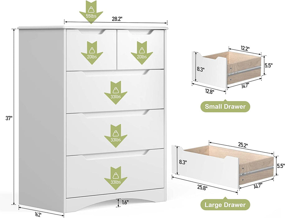 White Dresser with 5 Large Drawers