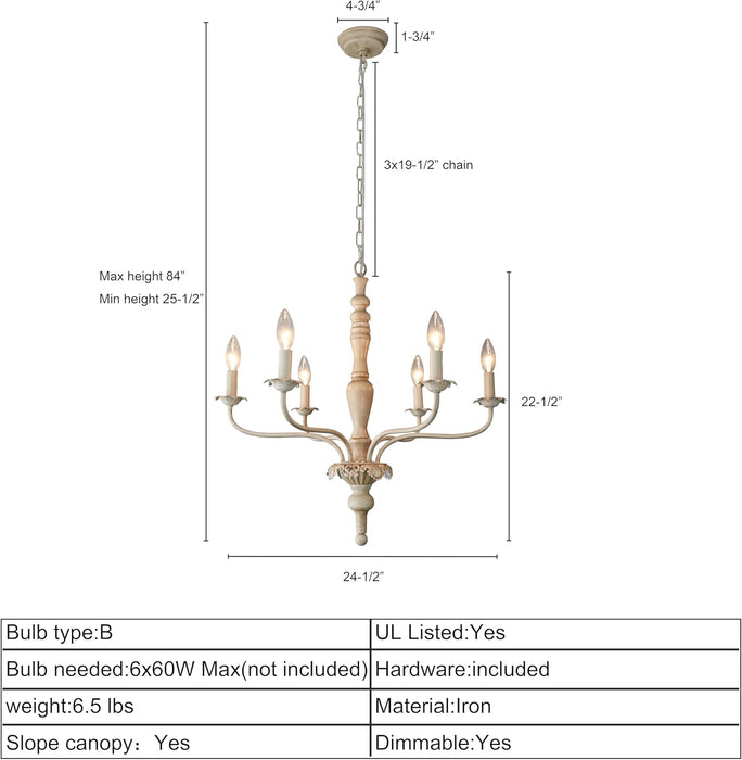 6 Light Farmhouse French White Distressed Chandelier