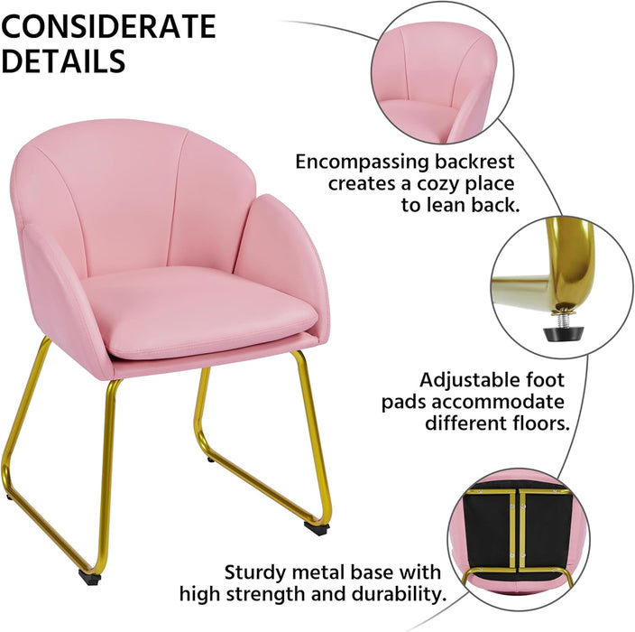 Modern PU Leather Armchair, Flower Shaped Makeup Chair Vanity Chair with Golden Metal Legs for Living Room/Makeup Room/Bedroom/Home Office/Kitchen, Simple Pink