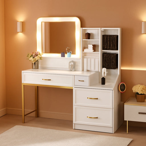 Makeup Vanity Desk with Mirror and Lights,Glass Top Dresser with Charging Station,Vanity Table with Storage and Jewelry Stand,Dressing Table,Edroom Makeup Desk for Women,White