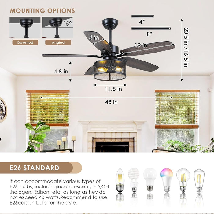 48" Black Farmhouse Ceiling Fan with Light and Remote, Industrial Cage Design, Rustic Flush Mount for Bedroom Living Room, E26 Base, DC Motor, 6-Speed Reversible with Timer, Dual Blades
