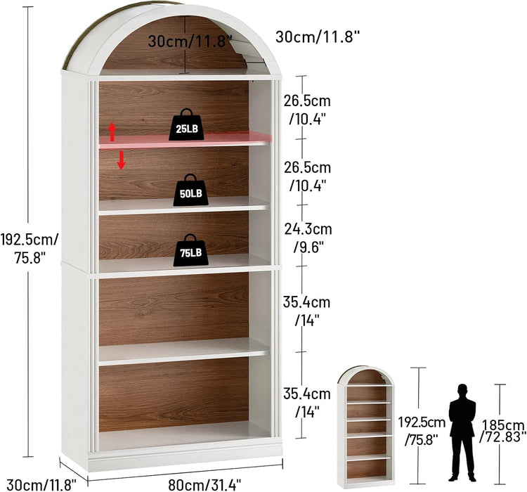 Arched Bookshelf, 75.8" Tall Arch Bookcase with Storage, 6-Tier Farmhouse Book Shelf, Arched Cabinet, Wooden Bookshelf with Open Display Shelves, Adjustable Shelf, Office, Walnut and White