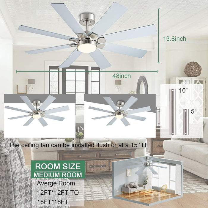 Nickel 48 Inch Ceiling Fans with Lights and Remote/App Control, Low Profile Ceiling Fan, 8 Blades，Led Dimmable, Reversible DC Motor, Noiseless, Ceiling Fan for Bedroom Indoor/Outdoor Use